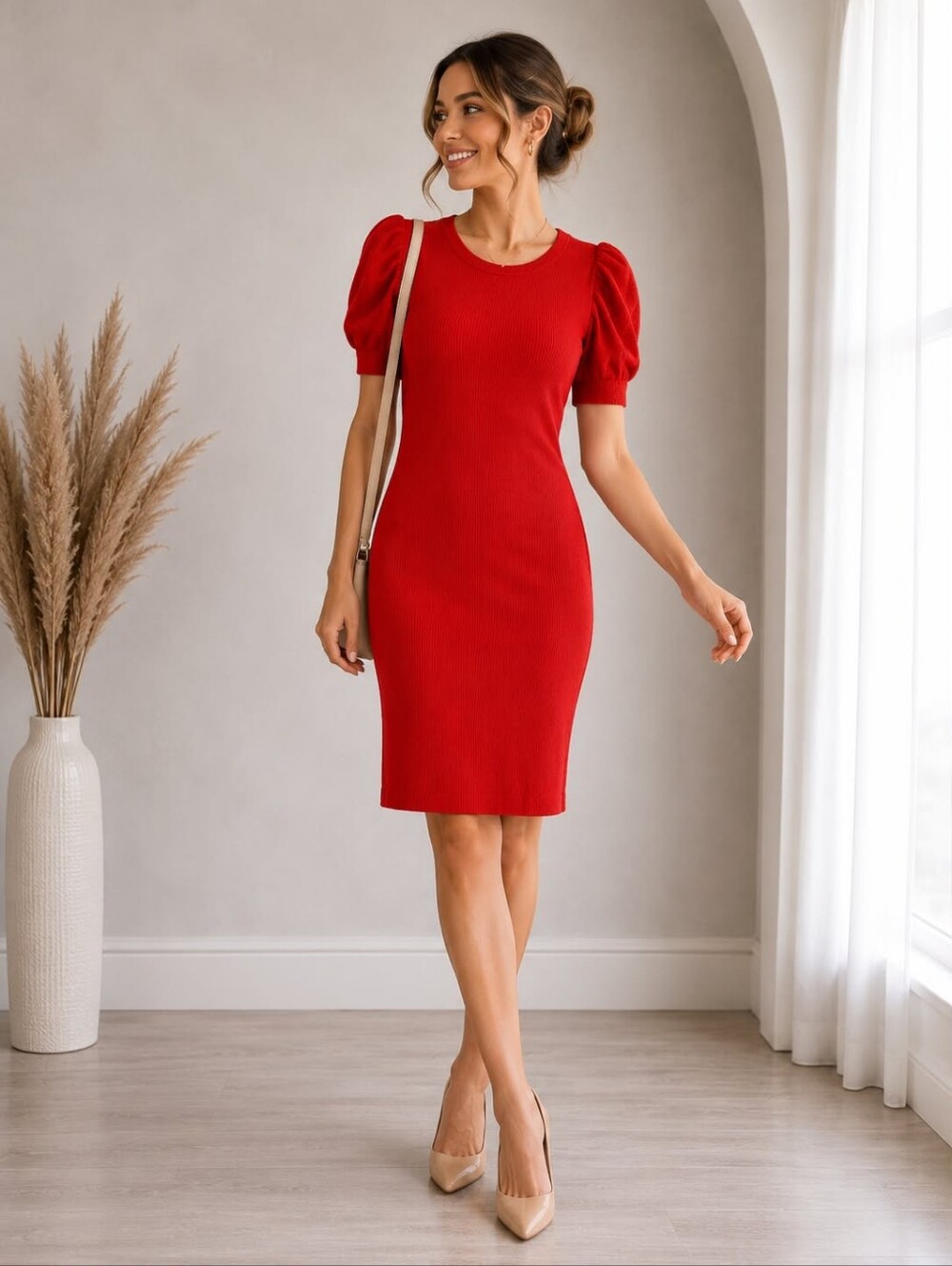 🆕 💕 Desigual Red Puff-Sleeve Midi Dress